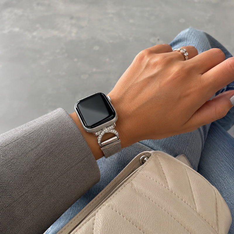 Brazalete Apple Watch de acero inoxidable, cierre magnético ajustable, malla elegante con óxido de circonio, modelo Roxie