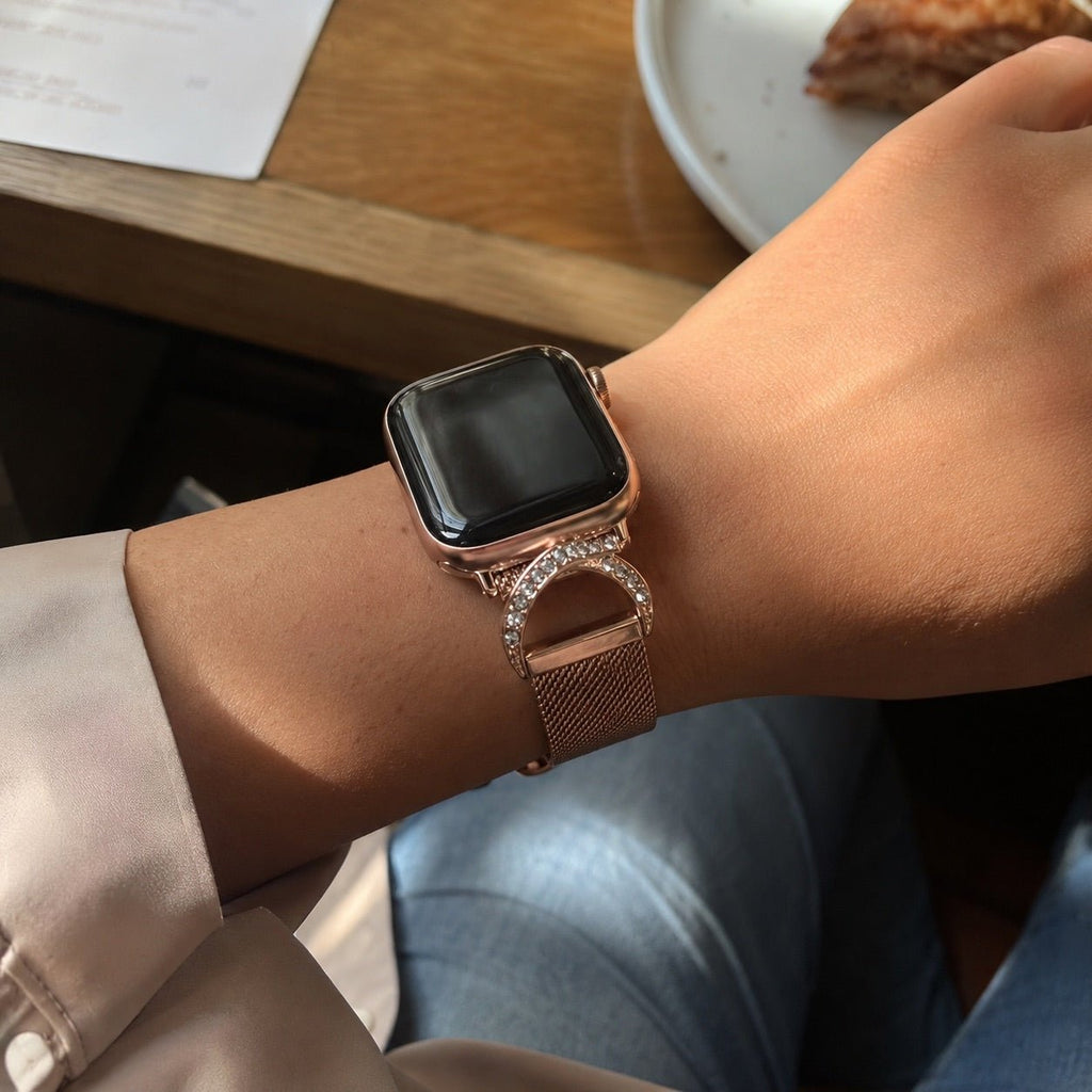Brazalete Apple Watch de acero inoxidable, cierre magnético ajustable, malla elegante con óxido de circonio, modelo Roxie
