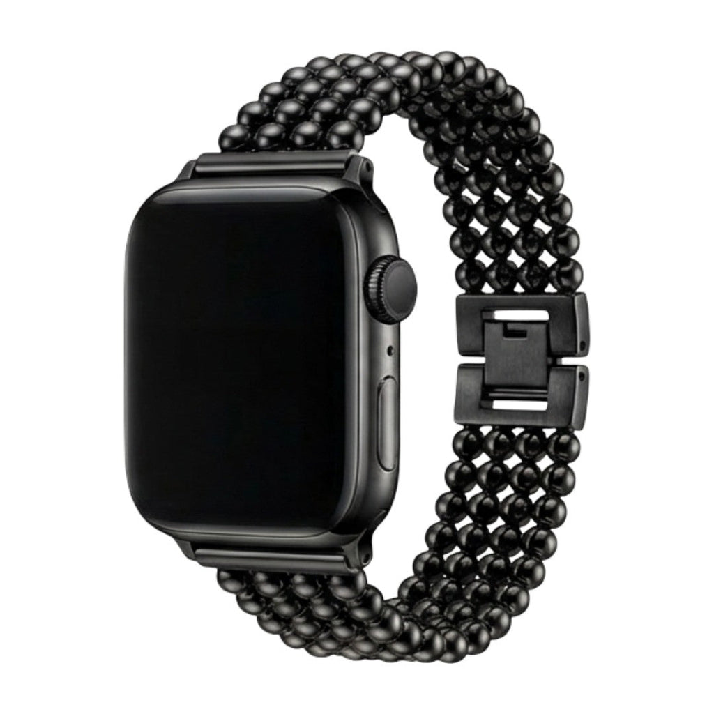 Bracelet pour Apple Watch en acier inoxydable noir avec perles métalliques et fermoir cliquet sécurisé.