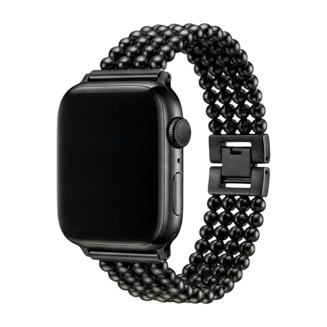 Bracelet pour Apple Watch en acier inoxydable noir avec perles métalliques et fermoir cliquet sécurisé.