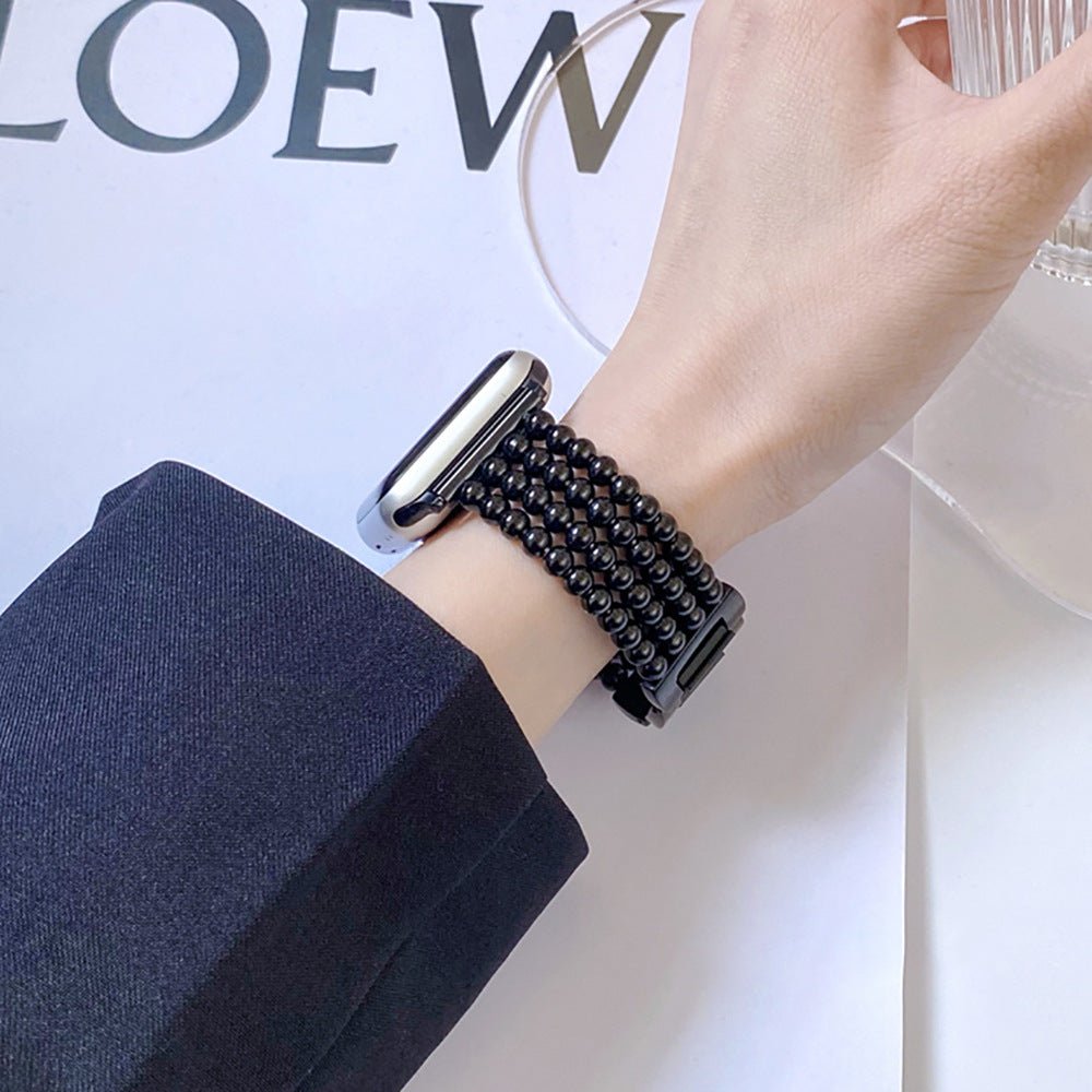 Bracelet acier inoxydable noir à perles métalliques pour Apple Watch, fermoir cliquet noir élégant.