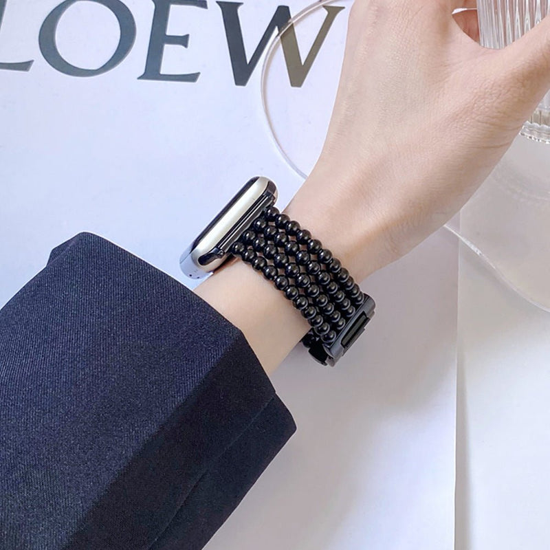 Bracelet acier inoxydable noir à perles métalliques pour Apple Watch, fermoir cliquet noir élégant.