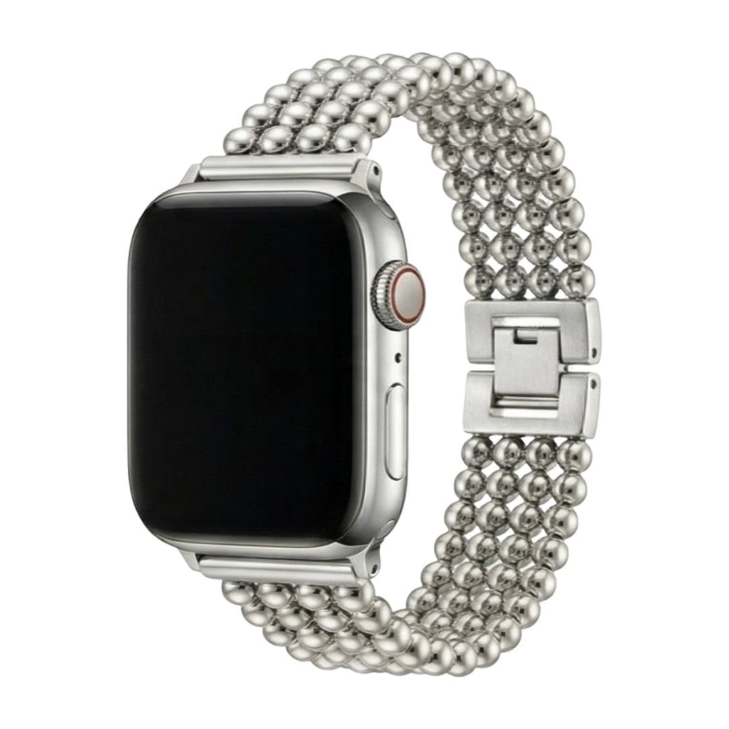 Bracelet Apple Watch en acier inoxydable argenté, perles métalliques arrondies, fermoir cliquet sécurisé, design élégant et.