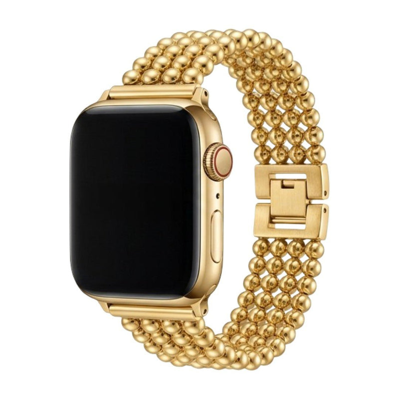 Bracelet Apple Watch en acier inoxydable doré avec perles métalliques arrondies, fermoir cliquet sécurisé, design élégant.