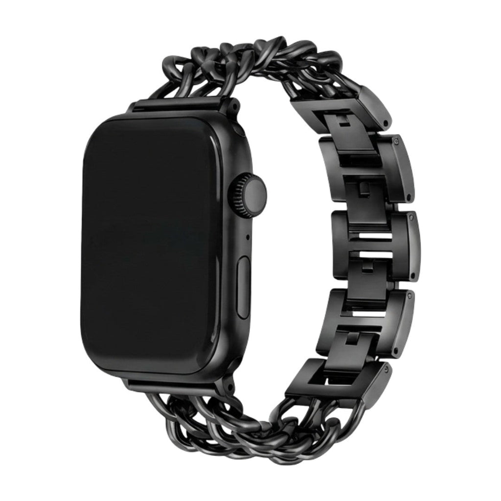Bracelet Apple Watch en acier inoxydable noir, double chaîne gourmette élégante, fermoir sécurisé.