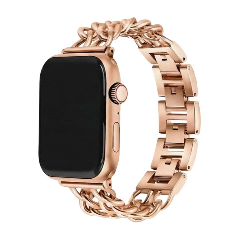 Bracelet Apple Watch en acier inoxydable rose doré, maille gourmette double chaîne, fermoir sécurisé élégant.
