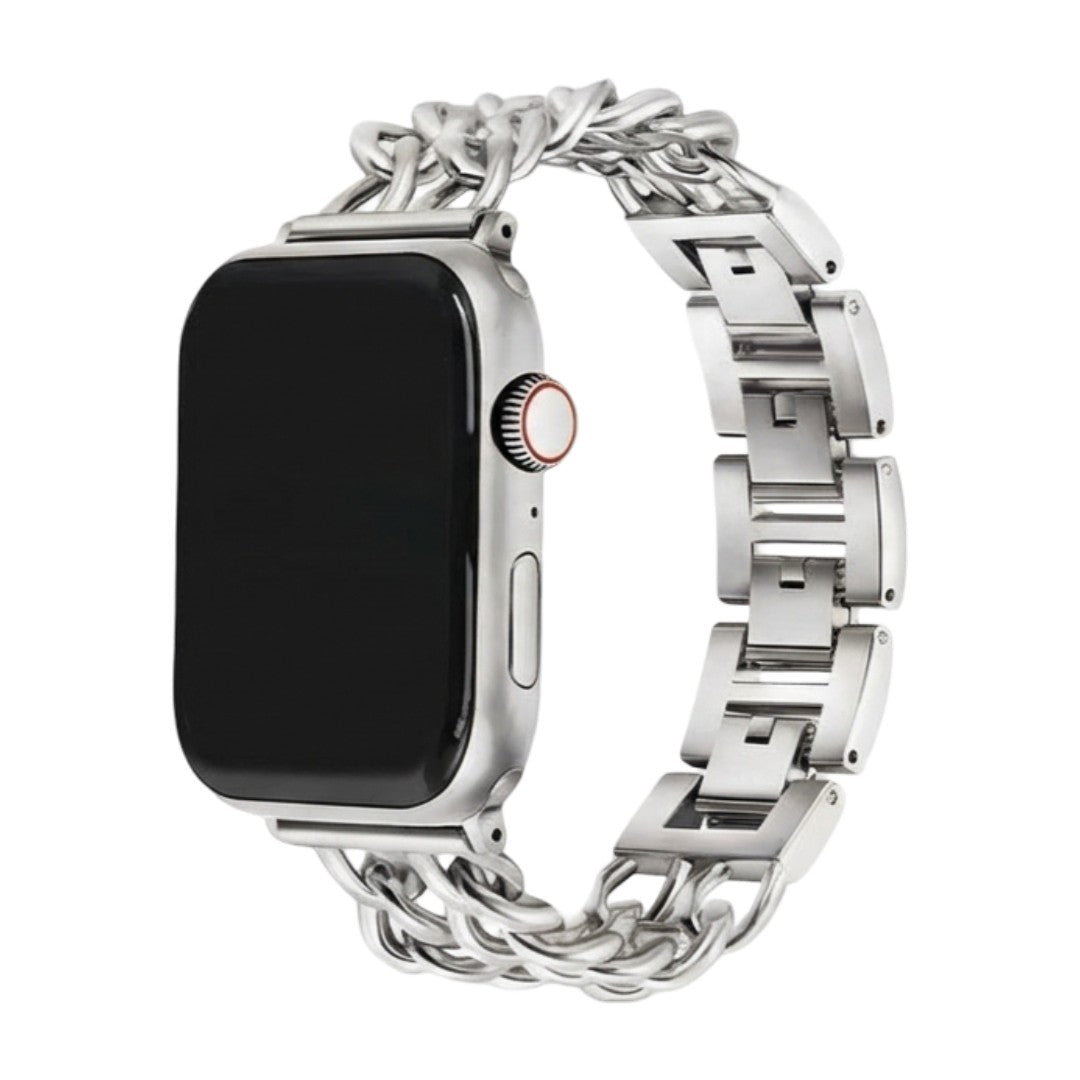 Bracelet Apple Watch en acier inoxydable argenté, maille gourmette double chaîne, fermoir sécurisé, design moderne et.
