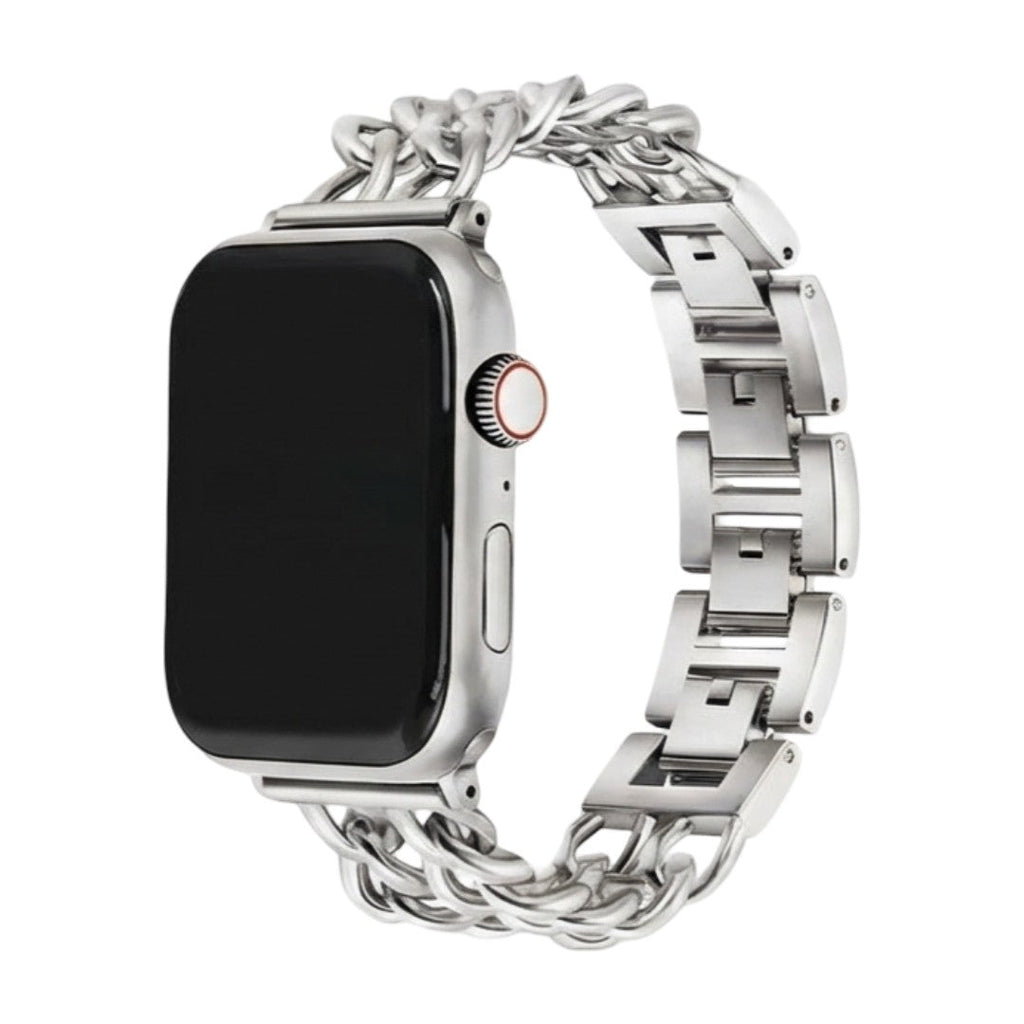 Bracelet Apple Watch en acier inoxydable argenté, maille gourmette double chaîne, fermoir sécurisé, design moderne et.