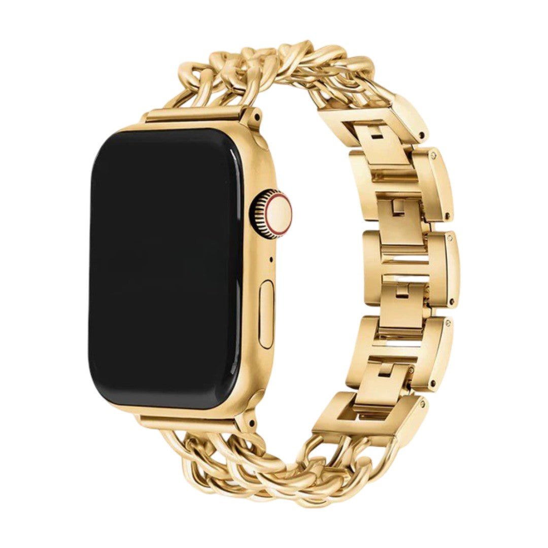Bracelet Apple Watch en acier inoxydable doré, double chaîne gourmette et maillons larges, fermoir sécurisé.