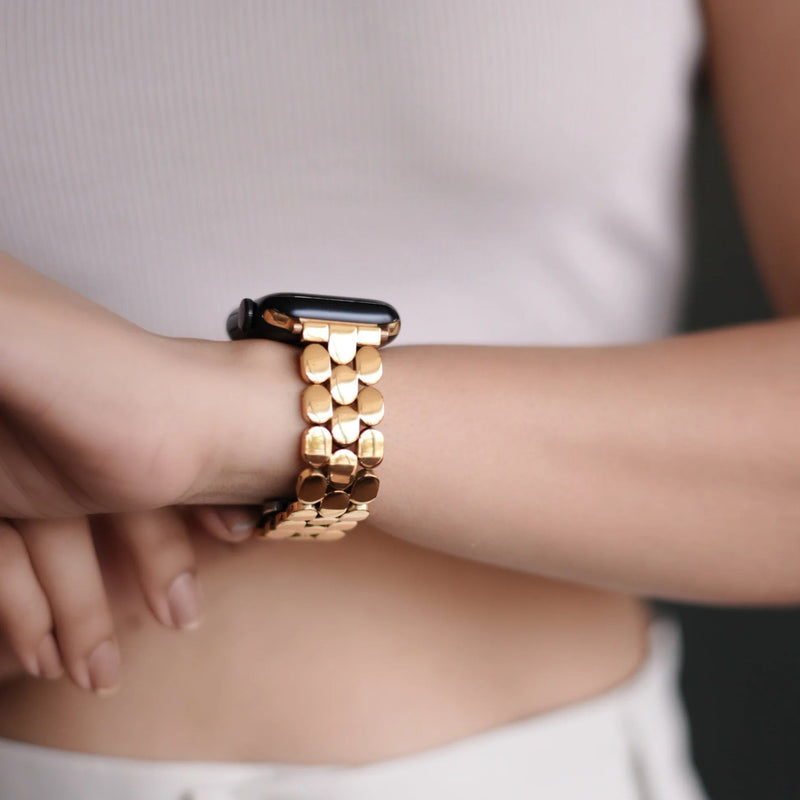 Apple Watch-armband van roestvrij staal, goudkleurige ovale schakels, moderne elegantie voor Apple Watch, vouwsluiting, model Shounie