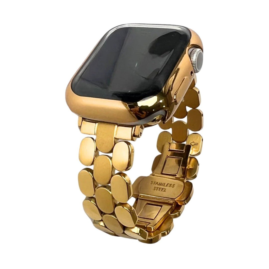 Stainless Steel Bracelet for Apple Watch, Gold Oval Links, Modern Elegance for Apple Watch, Folding Clasp, Shounie Model