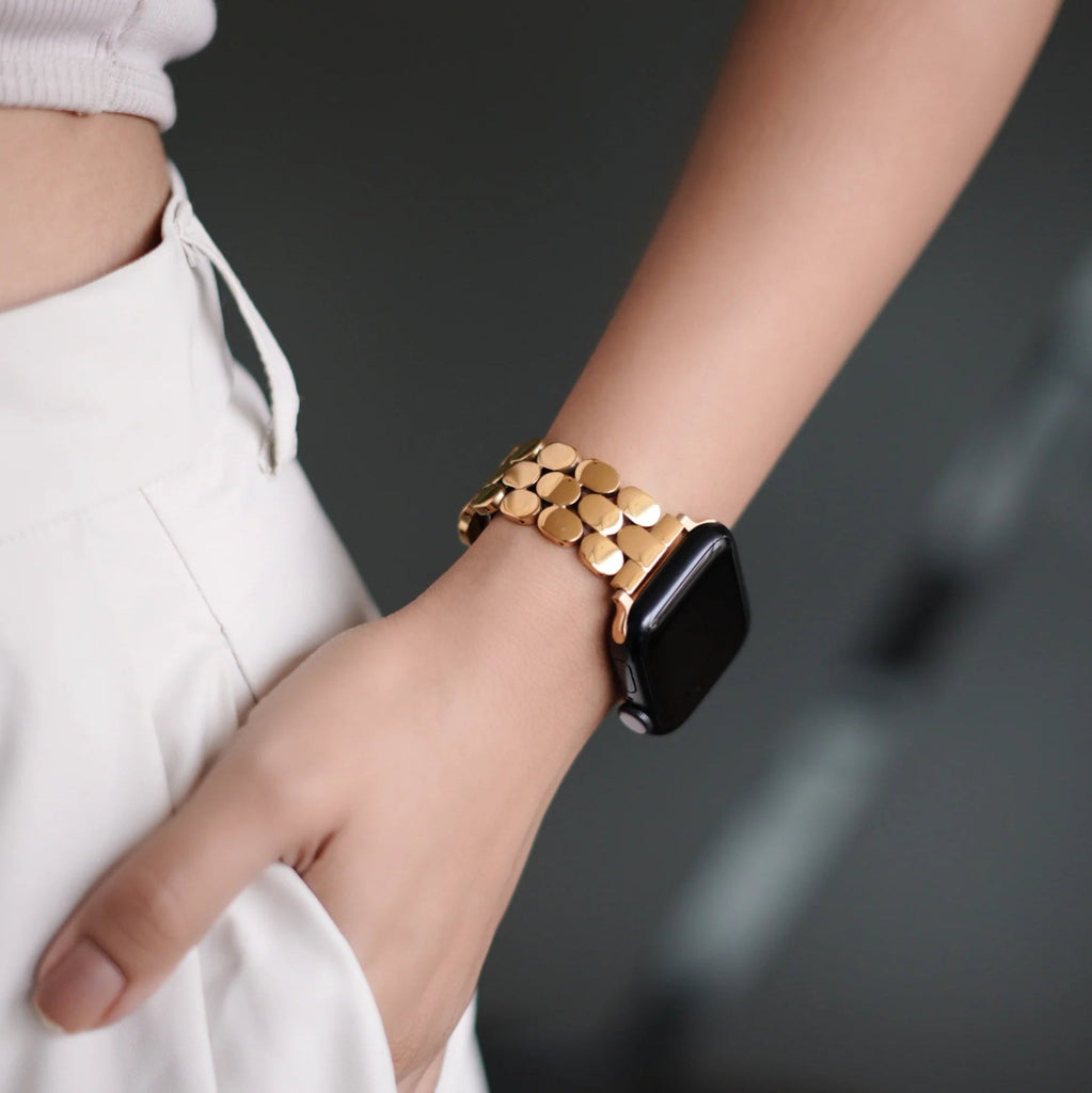 Apple Watch-armband van roestvrij staal, goudkleurige ovale schakels, moderne elegantie voor Apple Watch, vouwsluiting, model Shounie