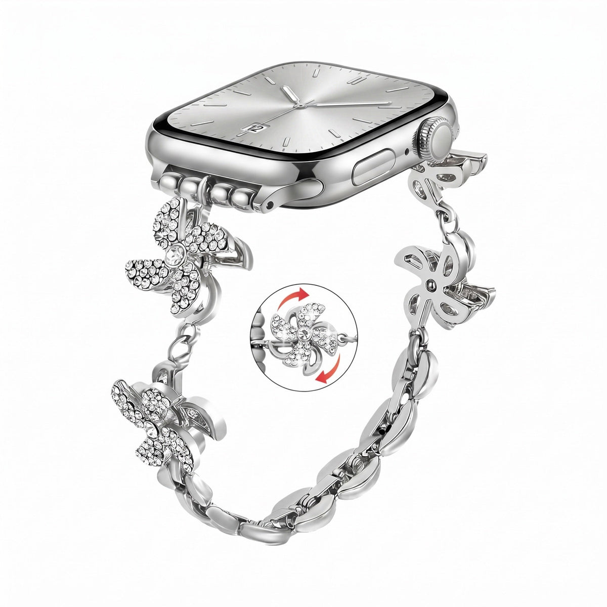 Apple Watch Armband aus Metalllegierung, drehbare Lotusblume, verstellbare Clip-Glieder, für Damen, Modell Lossia
