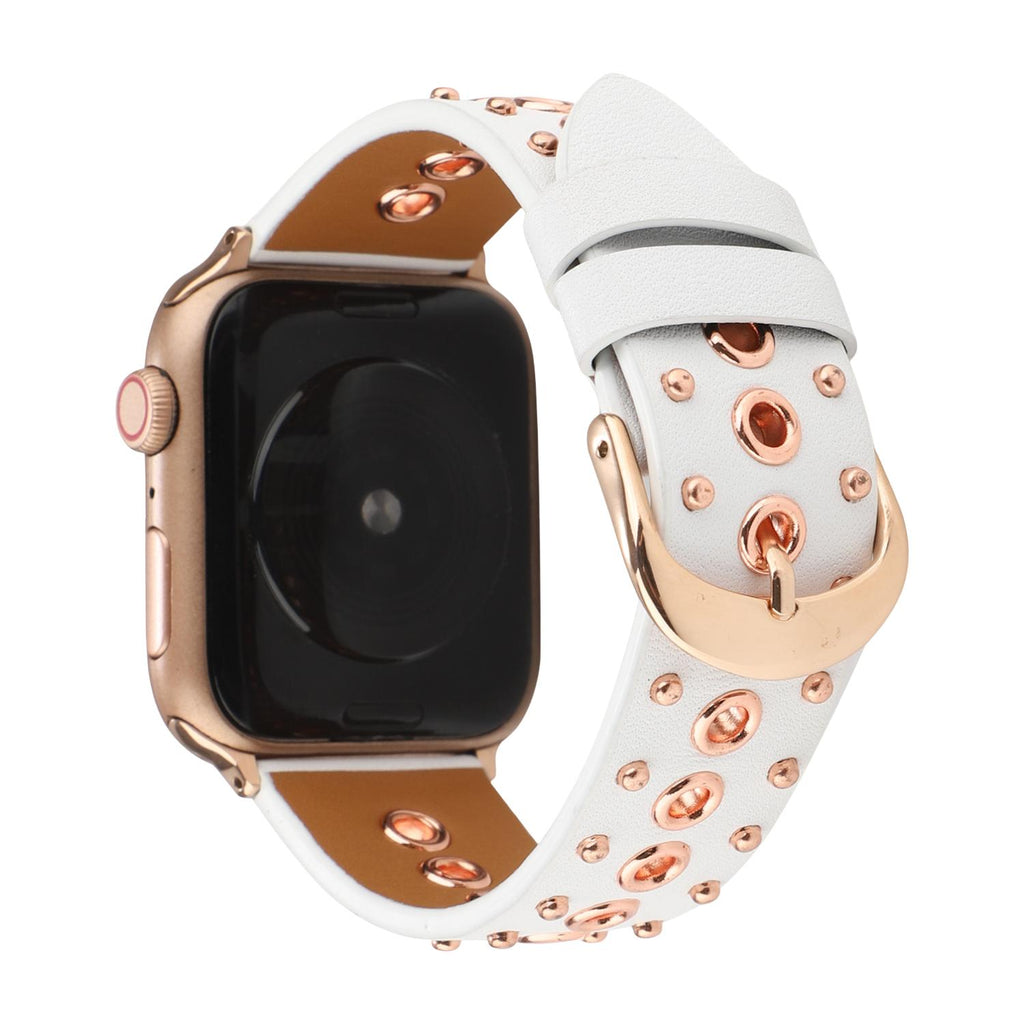 Bracelet Apple Watch en croûte de cuir ornée de rivets métalliques, boucle réglable, style affirmé, modèle Tika