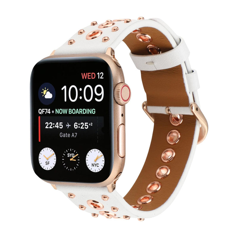 Bracelet Apple Watch en croûte de cuir ornée de rivets métalliques, boucle réglable, style affirmé, modèle Tika