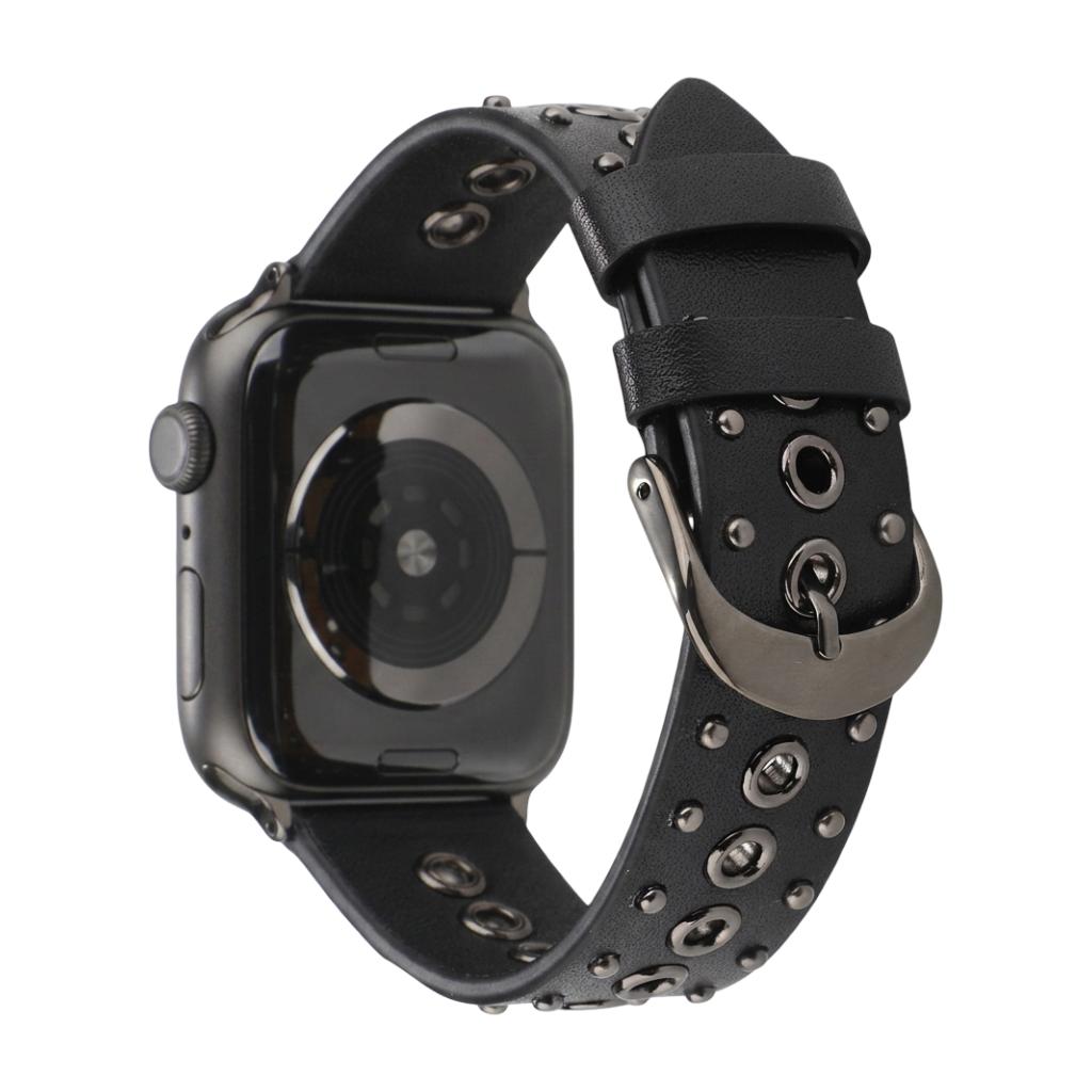 Bracelet Apple Watch en croûte de cuir ornée de rivets métalliques, boucle réglable, style affirmé, modèle Tika