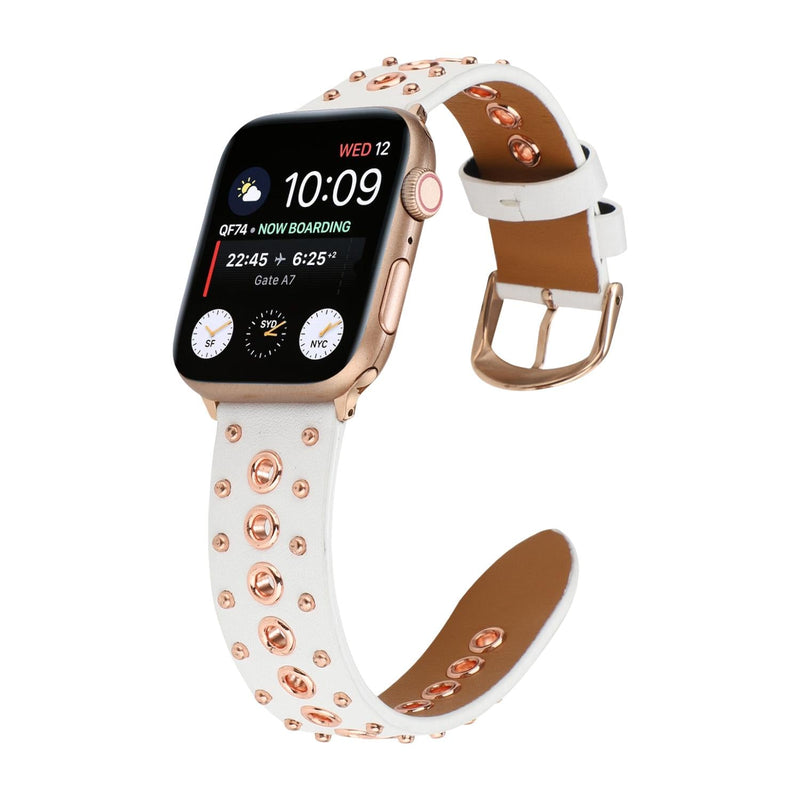 Bracelet Apple Watch en croûte de cuir ornée de rivets métalliques, boucle réglable, style affirmé, modèle Tika