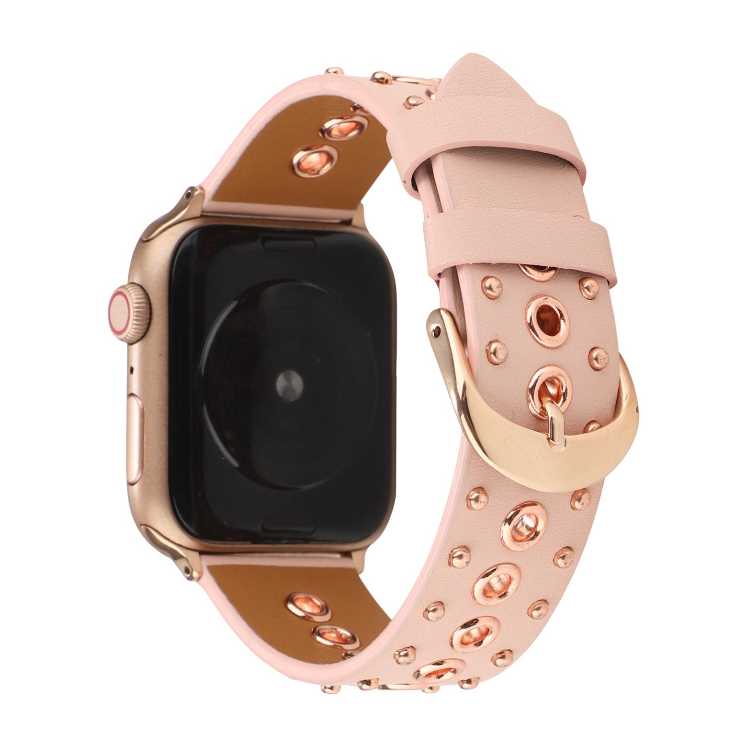 Bracelet Apple Watch en croûte de cuir ornée de rivets métalliques, boucle réglable, style affirmé, modèle Tika