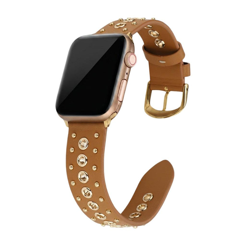 Bracelet Apple Watch en croûte de cuir ornée de rivets métalliques, boucle réglable, style affirmé, modèle Tika