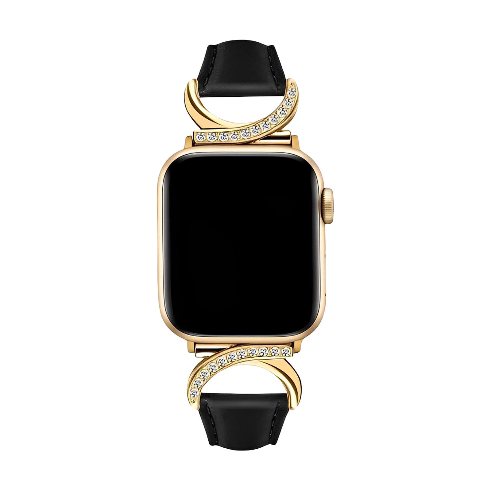 Bracelet en cuir noir avec boucle en C dorée ornée de strass pour Apple Watch, style féminin et raffiné.