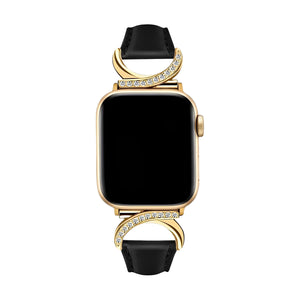 Bracelet en cuir noir avec boucle en C dorée ornée de strass pour Apple Watch, style féminin et raffiné.