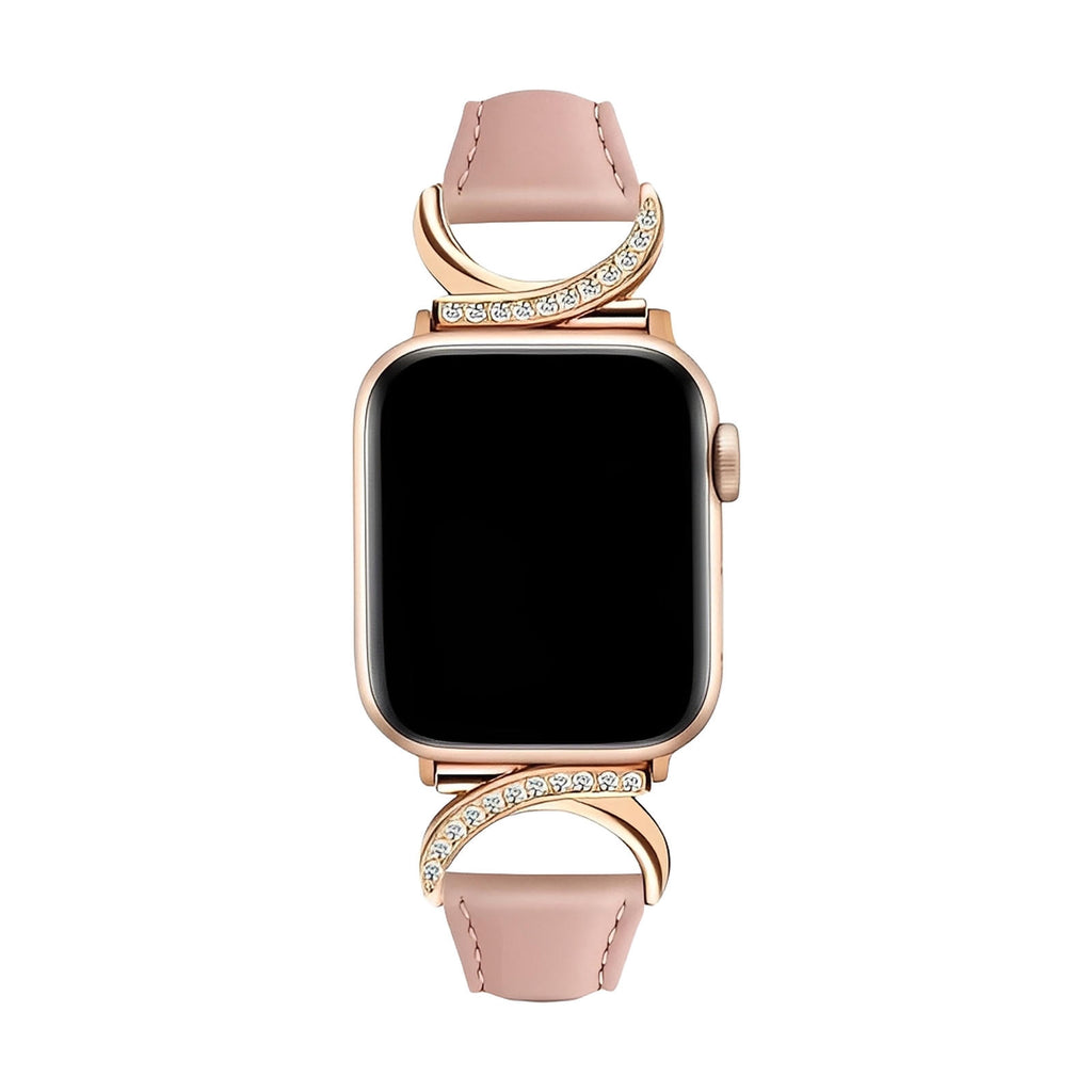 Bracelet Apple Watch en cuir rose pâle avec boucle en C dorée ornée de strass scintillants.