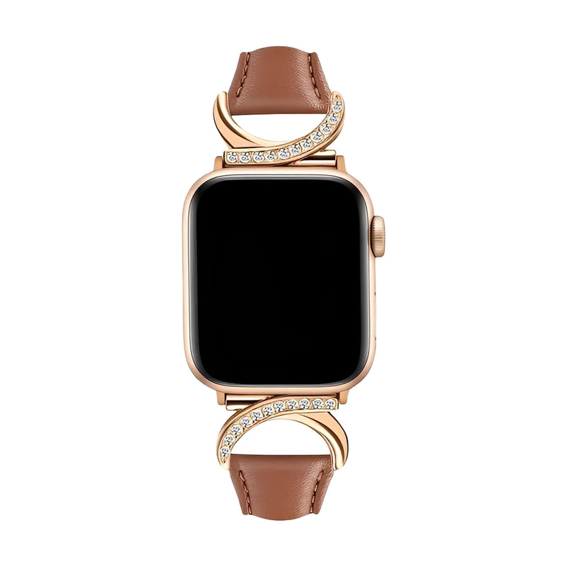 Bracelet en cuir marron pour Apple Watch avec boucle en C dorée ornée de strass, style raffiné et féminin.