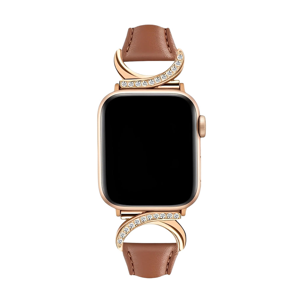 Bracelet en cuir marron pour Apple Watch avec boucle en C dorée ornée de strass, style raffiné et féminin.