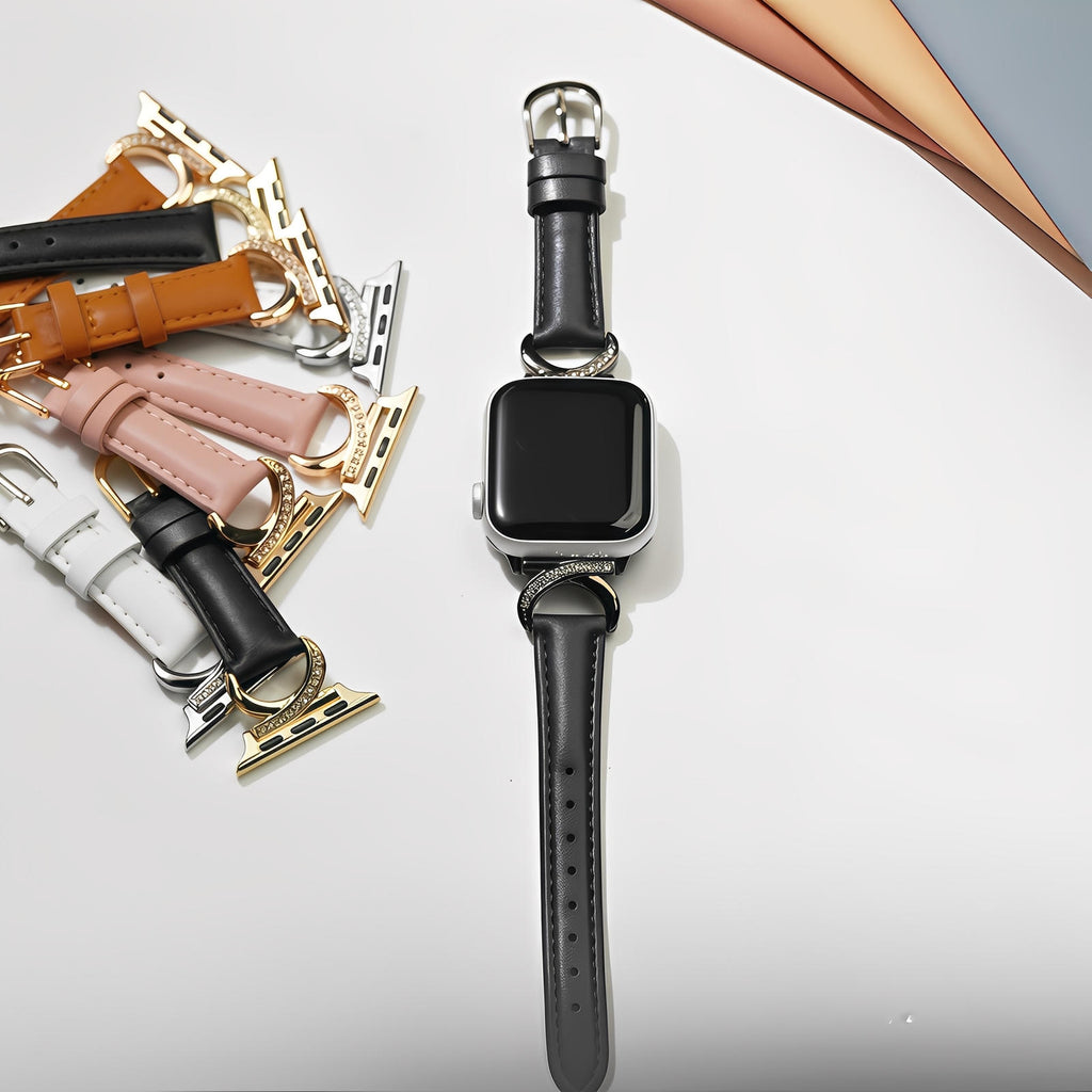 Bracelet Apple Watch en cuir noir avec boucle en C ornée de strass, design féminin et raffiné.