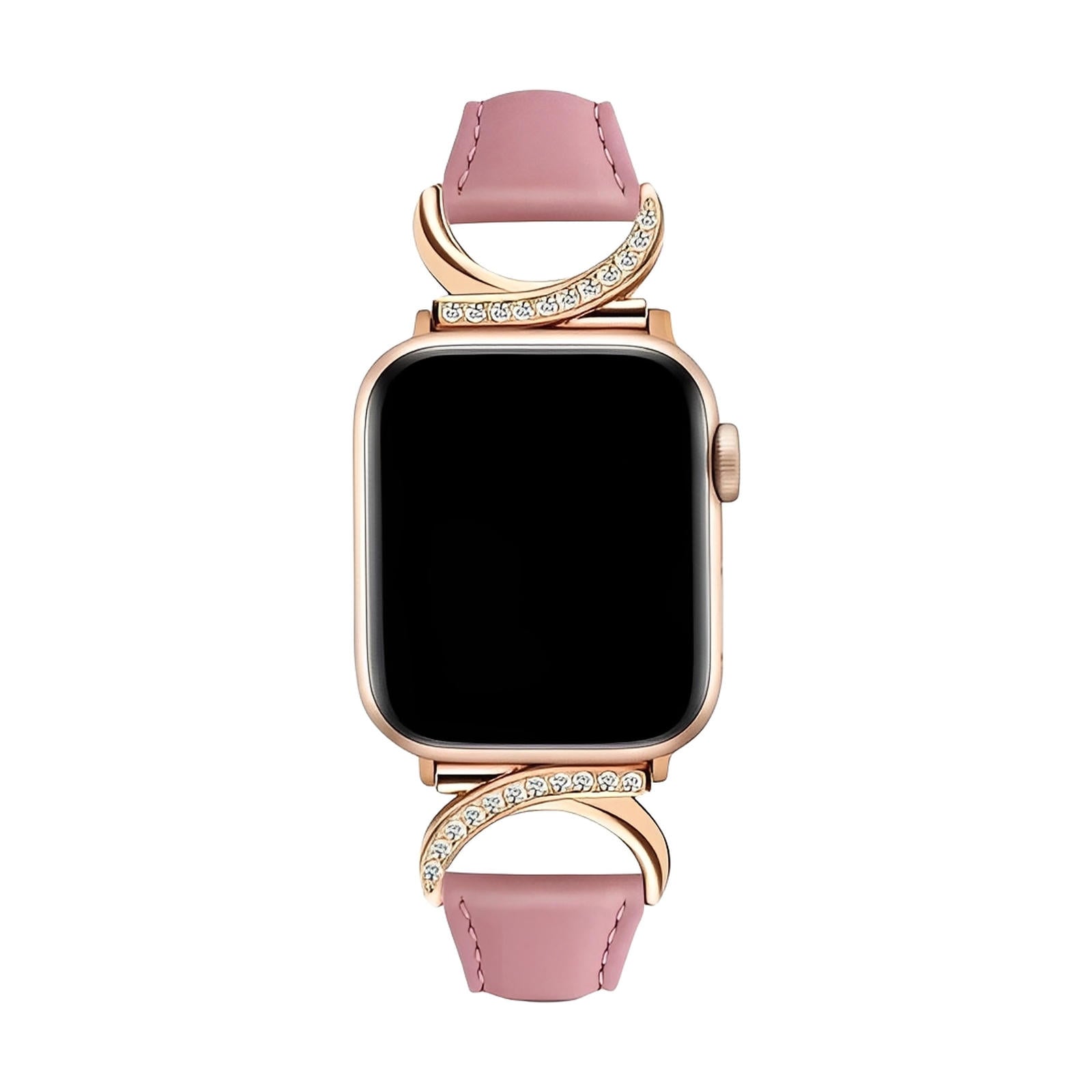 Bracelet Apple Watch en cuir rose avec boucle en C dorée ornée de strass scintillants, style féminin et raffiné.