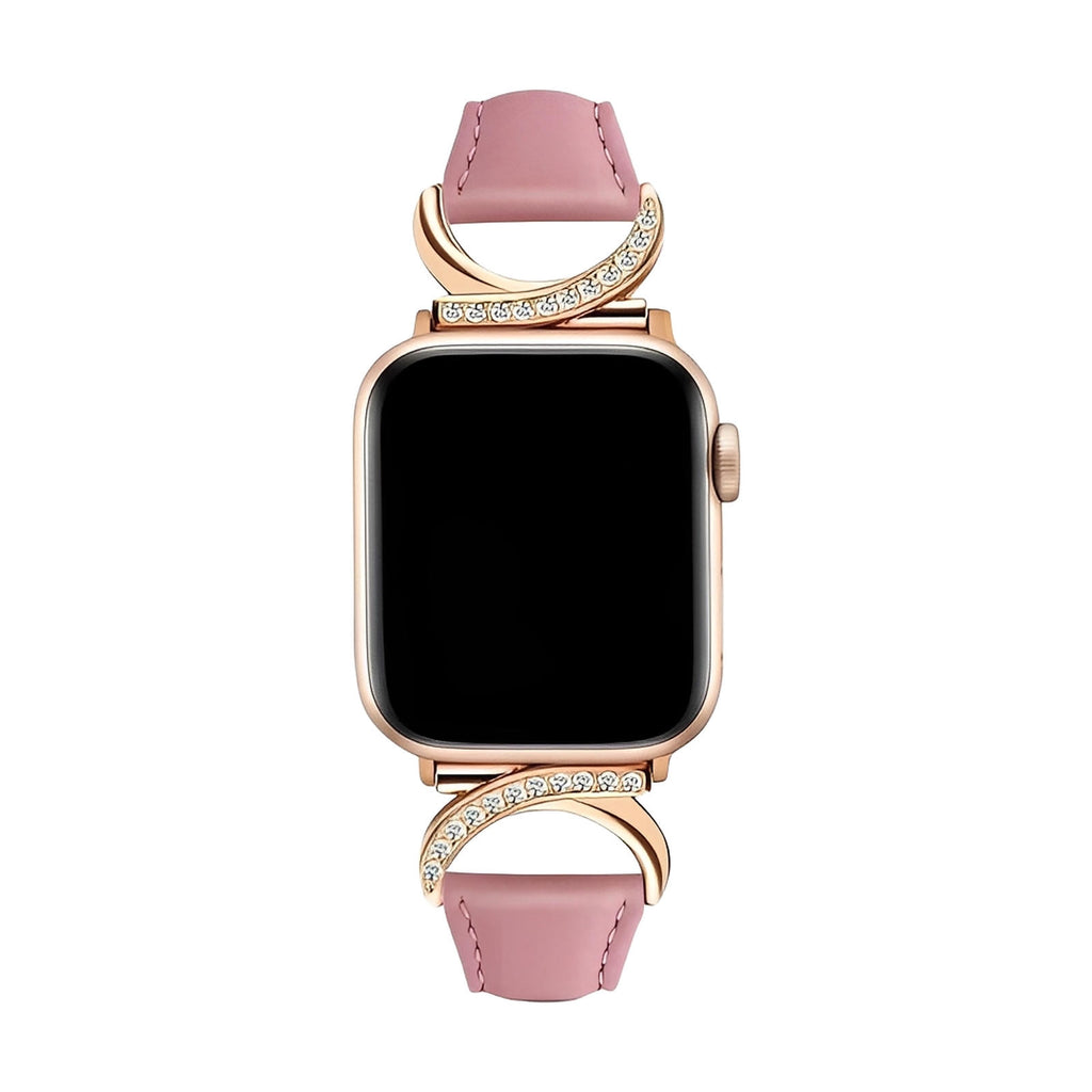 Bracelet Apple Watch en cuir rose avec boucle en C dorée ornée de strass scintillants, style féminin et raffiné.