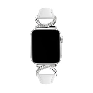 Bracelet blanc en cuir pour Apple Watch avec boucle en C argentée ornée de strass scintillants.