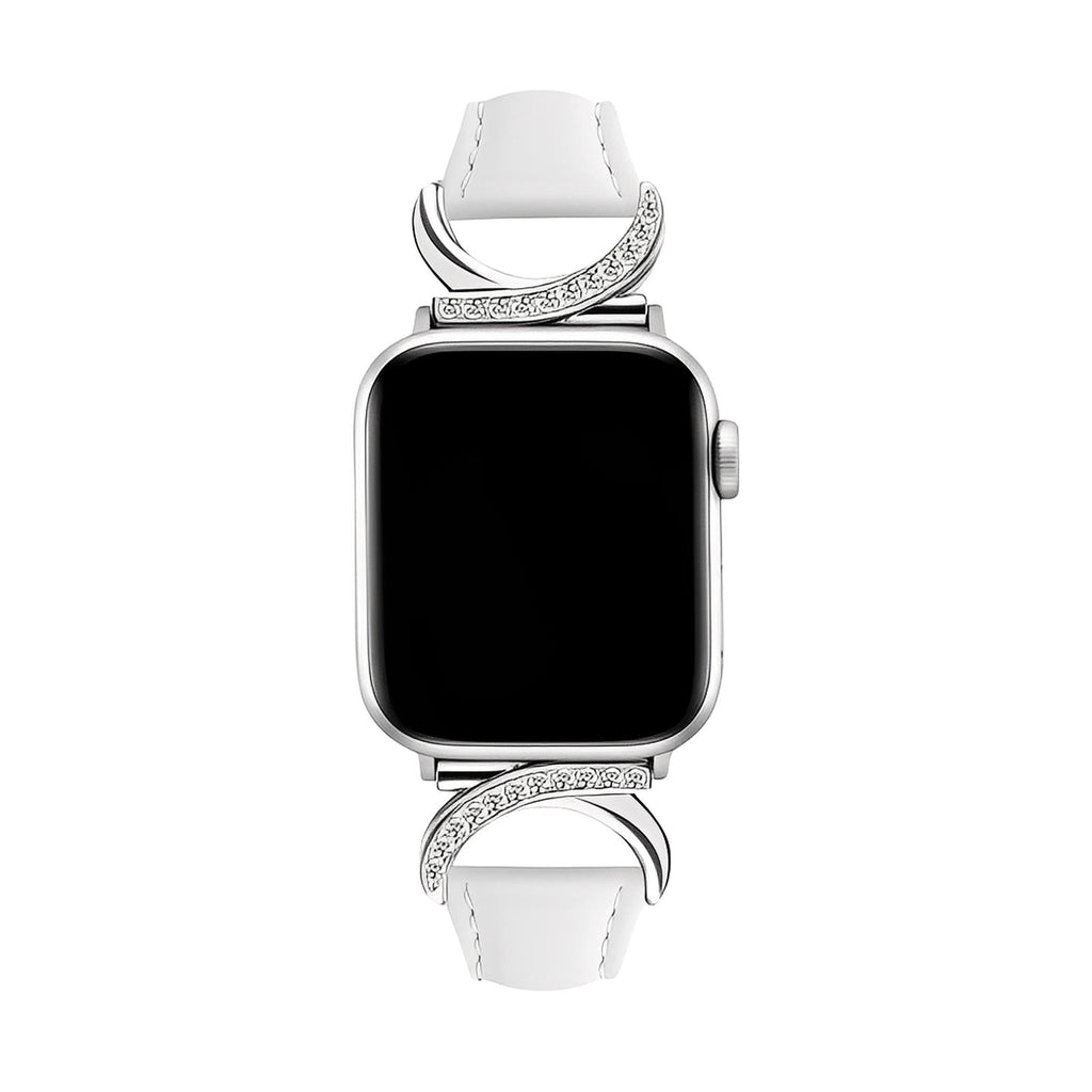 Bracelet blanc en cuir pour Apple Watch avec boucle en C argentée ornée de strass scintillants.