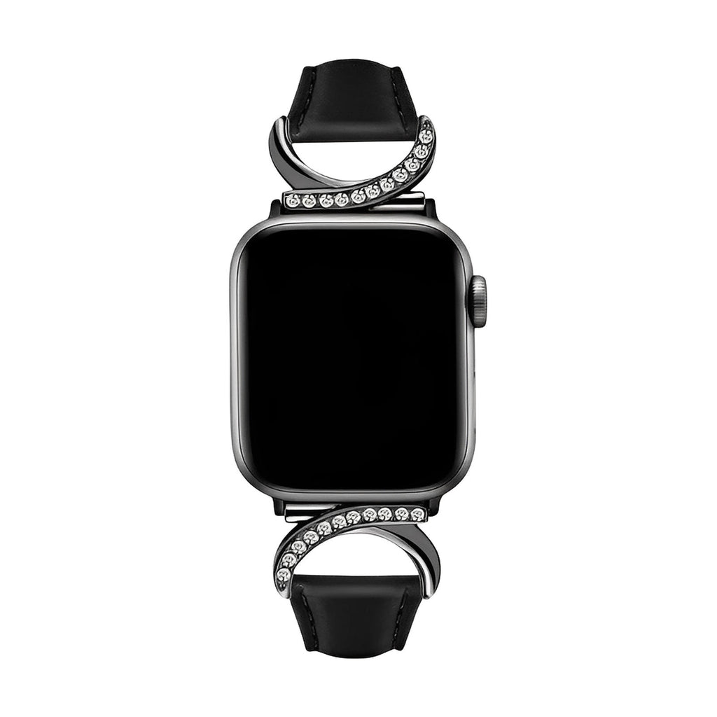 Bracelet Apple Watch en cuir noir avec boucle en C sertie de strass brillants, design raffiné et féminin.