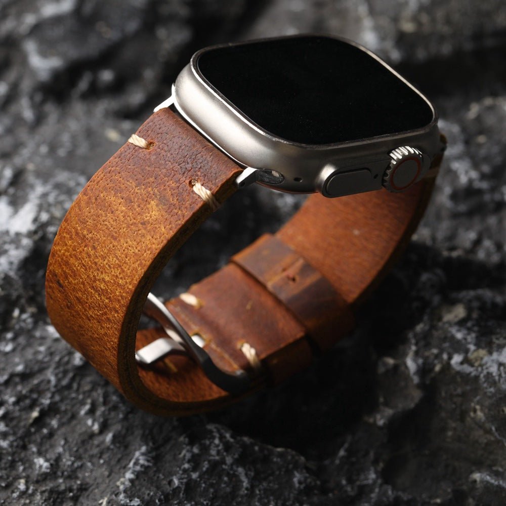 Bracelet Apple Watch en cuir veritable, couture apparente, boucle acier, modele Petrus
