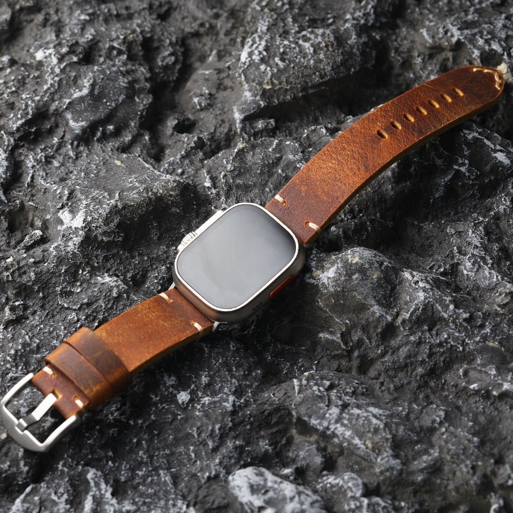 Armband für Apple Watch aus dickem Leder, authentischer Stil, sichtbare Nähte, Verschluss aus Stahl, für Smartwatch, Modell Petrus