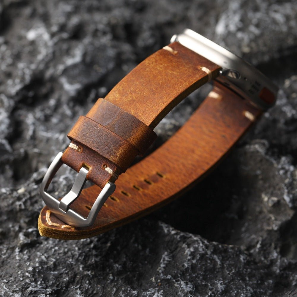 Armband für Apple Watch aus dickem Leder, authentischer Stil, sichtbare Nähte, Verschluss aus Stahl, für Smartwatch, Modell Petrus