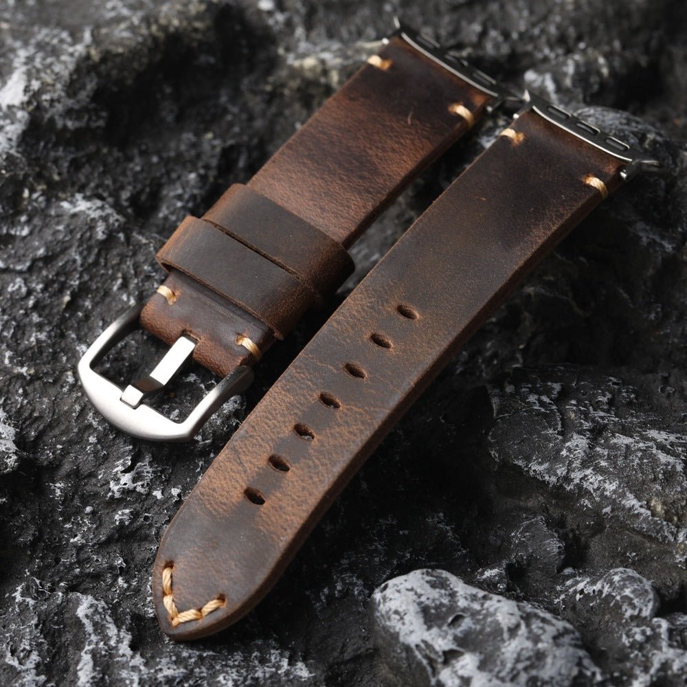 Bracelet Apple Watch en cuir veritable, couture apparente, boucle acier, modele Petrus