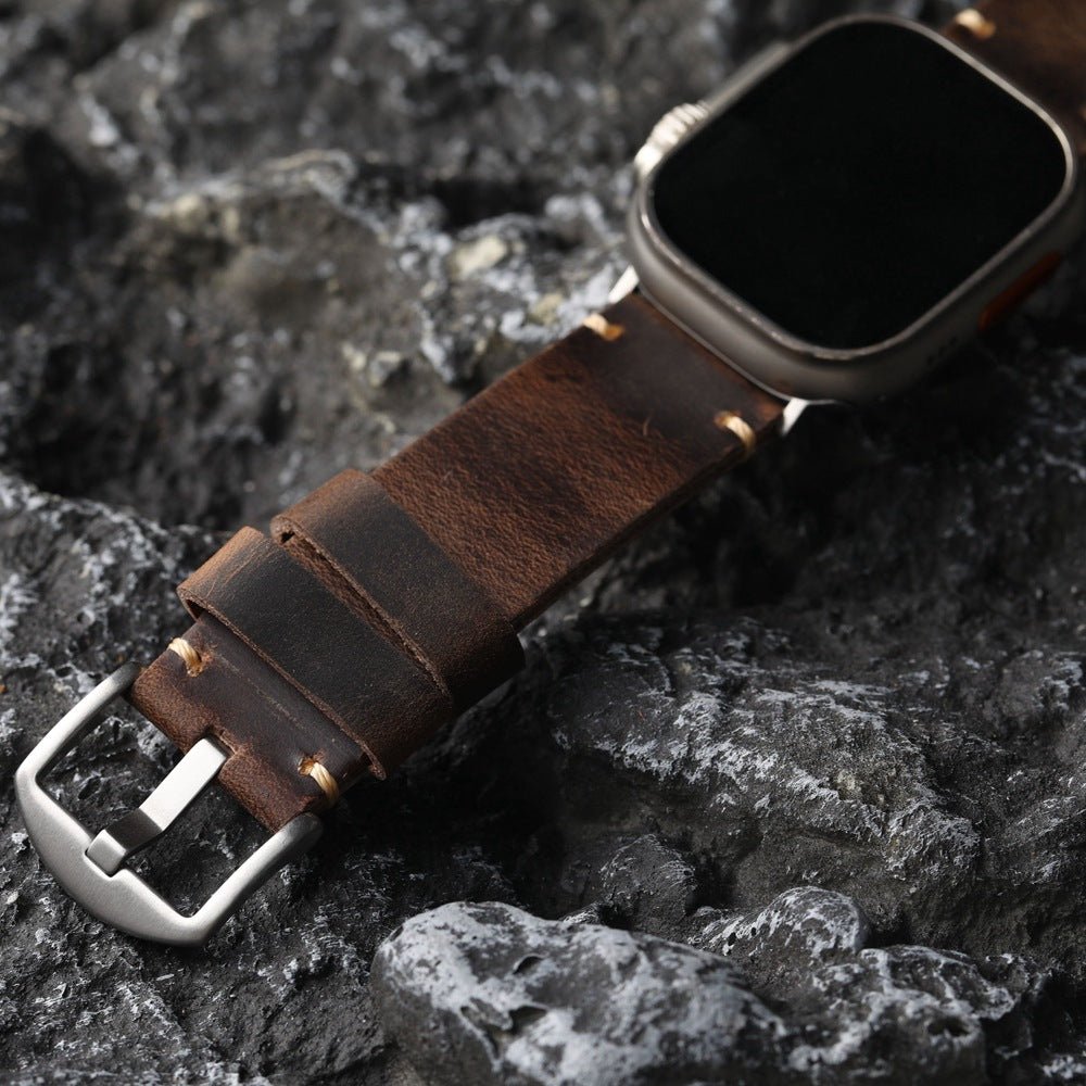 Bracelet Apple Watch en cuir veritable, couture apparente, boucle acier, modele Petrus