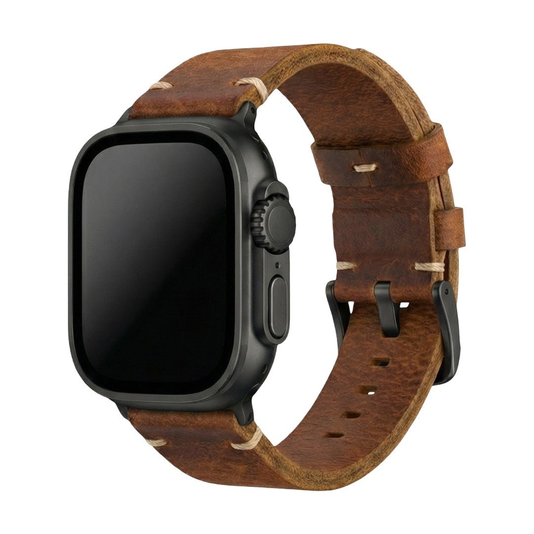 Bracelet Apple Watch en cuir veritable, couture apparente, boucle acier, modele Petrus