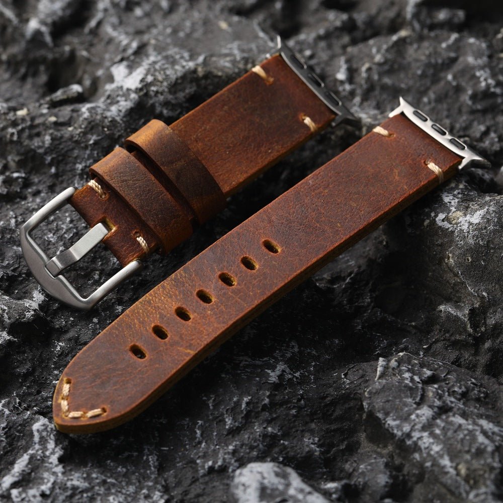 Bracelet Apple Watch en cuir veritable, couture apparente, boucle acier, modele Petrus