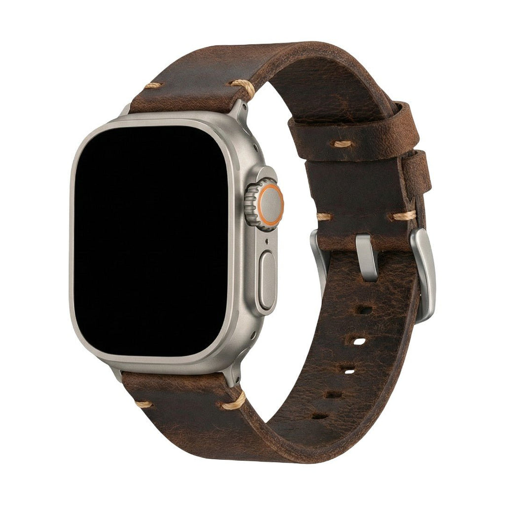 Armband für Apple Watch aus dickem Leder, authentischer Stil, sichtbare Nähte, Verschluss aus Stahl, für Smartwatch, Modell Petrus