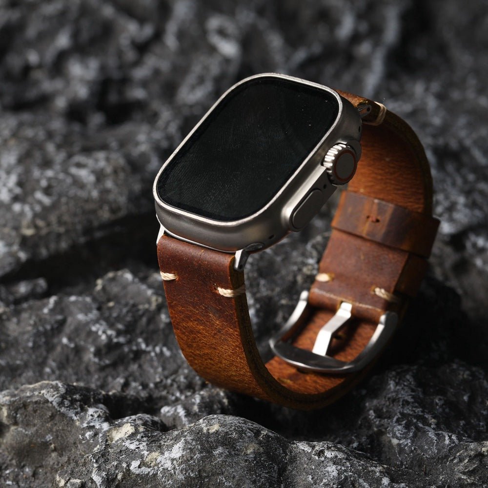 Armband für Apple Watch aus dickem Leder, authentischer Stil, sichtbare Nähte, Verschluss aus Stahl, für Smartwatch, Modell Petrus
