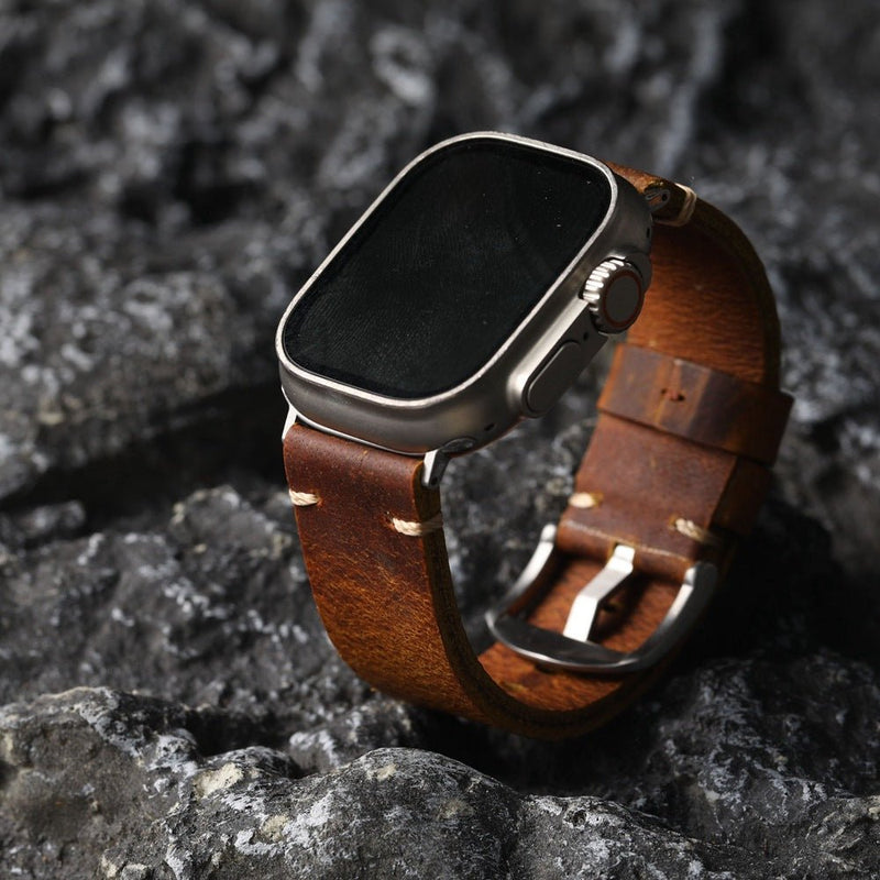 Armband für Apple Watch aus dickem Leder, authentischer Stil, sichtbare Nähte, Verschluss aus Stahl, für Smartwatch, Modell Petrus