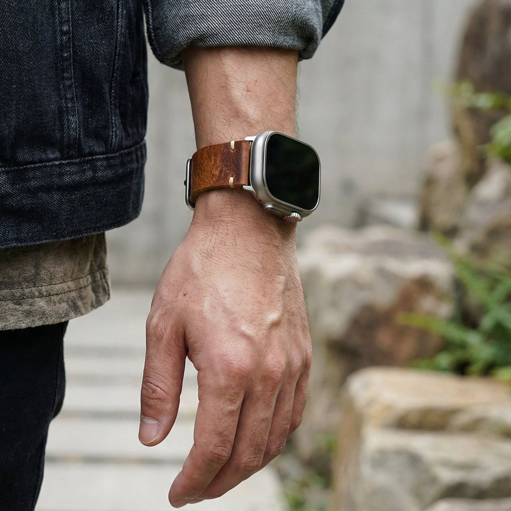 Armband für Apple Watch aus dickem Leder, authentischer Stil, sichtbare Nähte, Verschluss aus Stahl, für Smartwatch, Modell Petrus