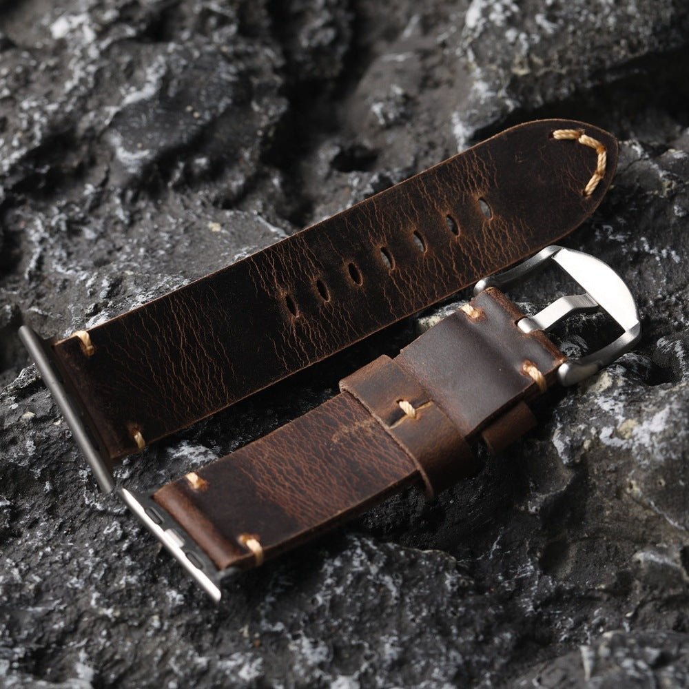 Armband für Apple Watch aus dickem Leder, authentischer Stil, sichtbare Nähte, Verschluss aus Stahl, für Smartwatch, Modell Petrus