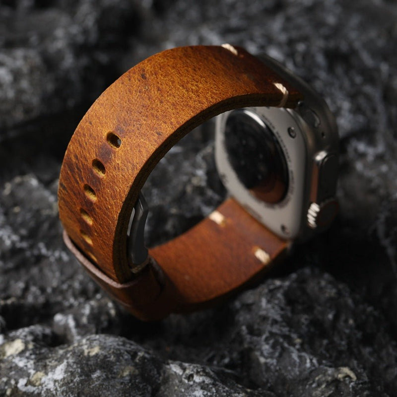 Armband für Apple Watch aus dickem Leder, authentischer Stil, sichtbare Nähte, Verschluss aus Stahl, für Smartwatch, Modell Petrus