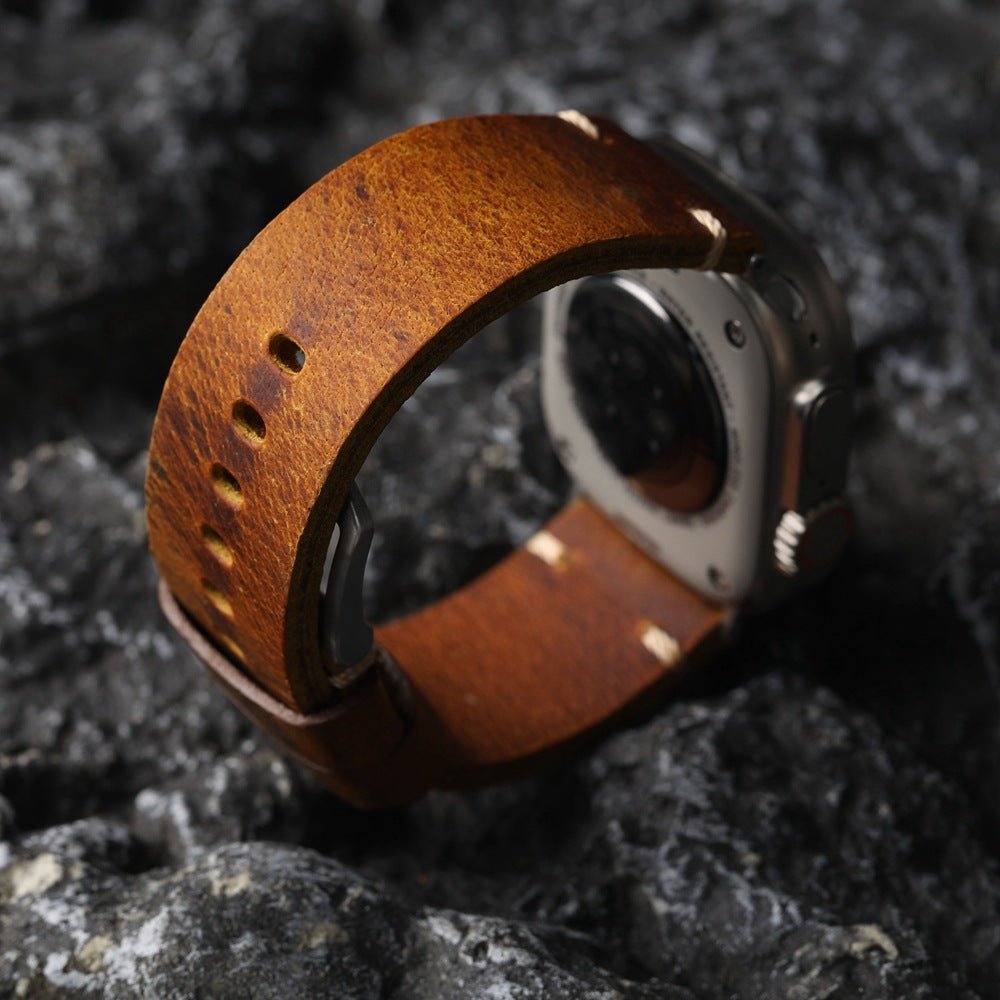 Armband für Apple Watch aus dickem Leder, authentischer Stil, sichtbare Nähte, Verschluss aus Stahl, für Smartwatch, Modell Petrus