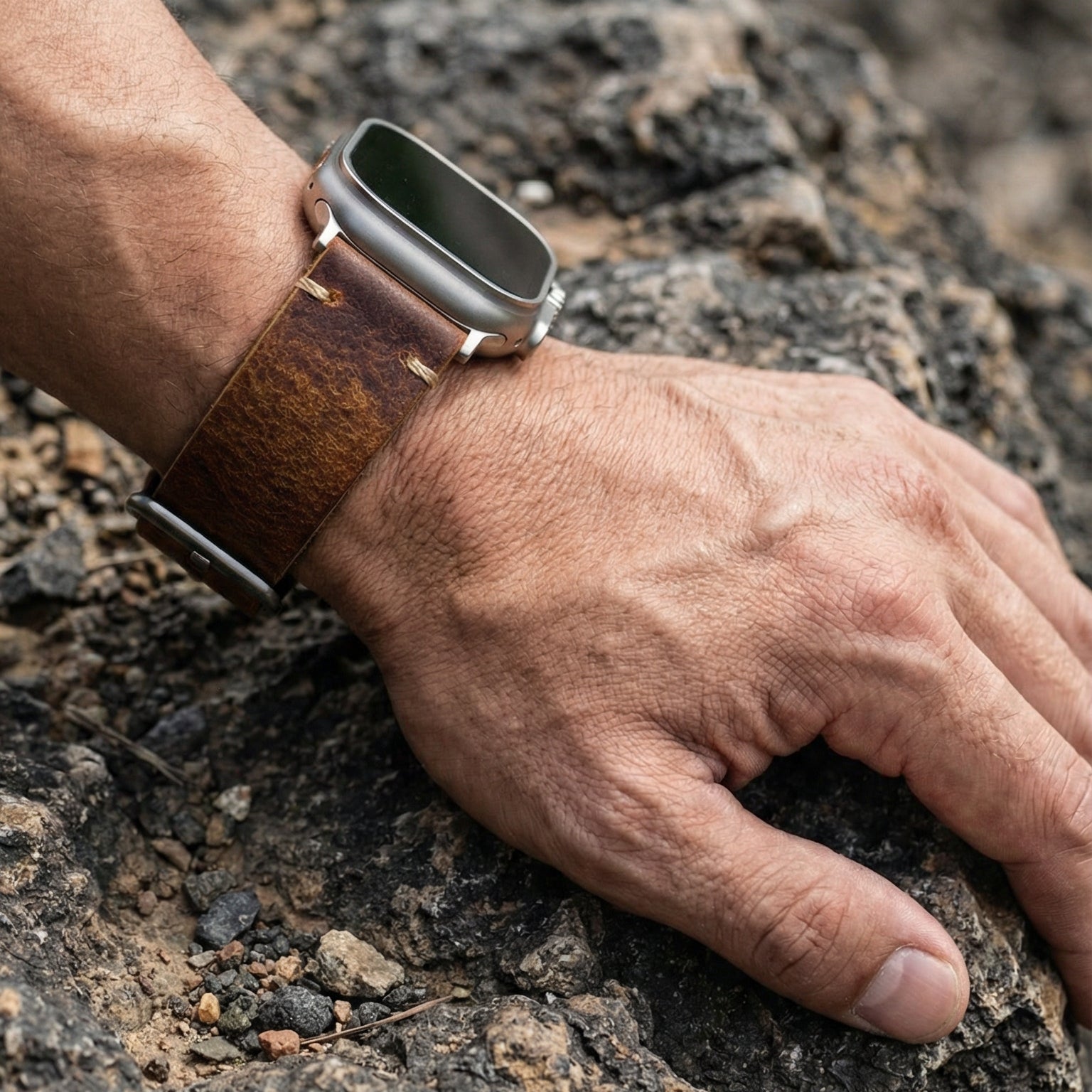 Armband für Apple Watch aus dickem Leder, authentischer Stil, sichtbare Nähte, Verschluss aus Stahl, für Smartwatch, Modell Petrus