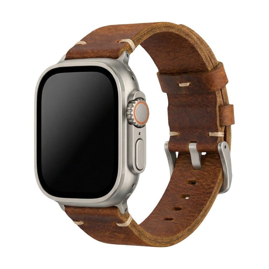 Armband für Apple Watch aus dickem Leder, authentischer Stil, sichtbare Nähte, Verschluss aus Stahl, für Smartwatch, Modell Petrus